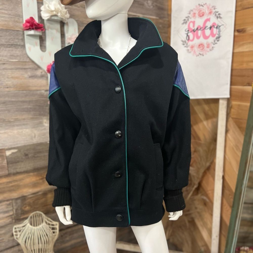 Vintage 1980s Havoc Wood Blend Coat Pleather Splicing Turquoise Piping Pockets